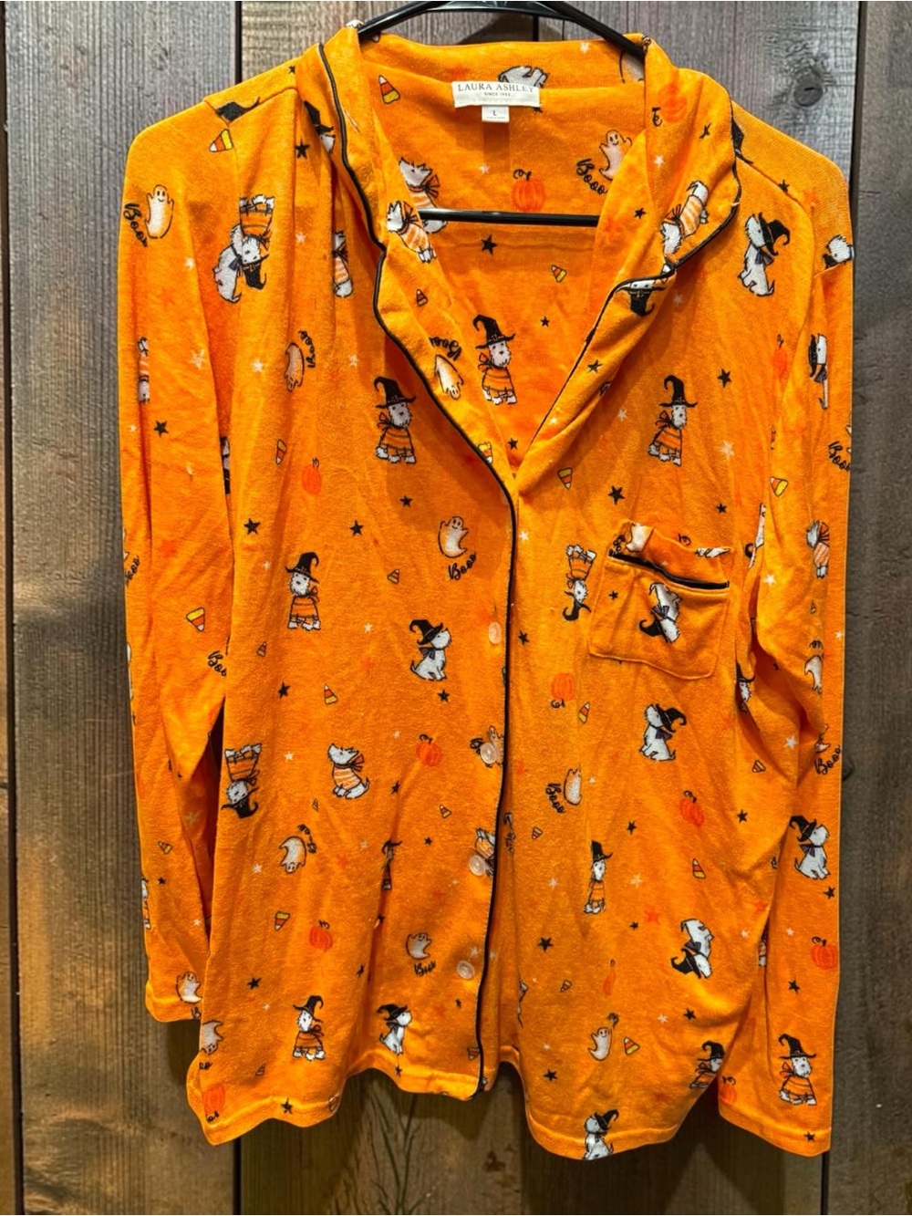 Laura Ashley snoopy Orange Halloween PJs Button-Up Top LARGE - Picture 2 of 5